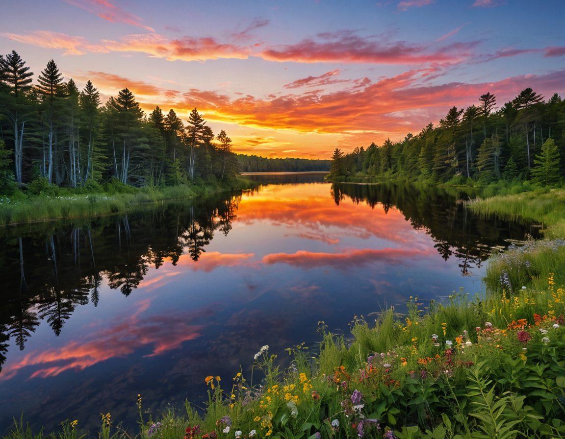 A breathtaking landscape of Becker County, showcasing hidden gems like serene lakes surrounded by lush forests, seasonal wildflowers, and quaint historical landmarks. Include a sunset casting warm hues across the scene, with a vintage map or compass subtly incorporated to signify exploration. Capture an essence of adventure and tranquility. super-realistic. vibrant colors. peaceful atmosphere.