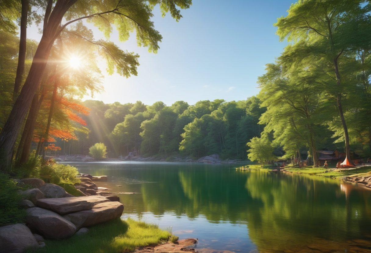 A breathtaking collage of Becker County, showcasing a serene lake surrounded by lush green forests, a vibrant summer festival with colorful tents and joyful people, and a glimpse of charming local shops nestled in a quaint town. Include iconic landmarks like a scenic overlook and a hidden waterfall in the background, bathed in warm sunlight. The overall mood should evoke exploration and adventure. super-realistic. vibrant colors. 3D.