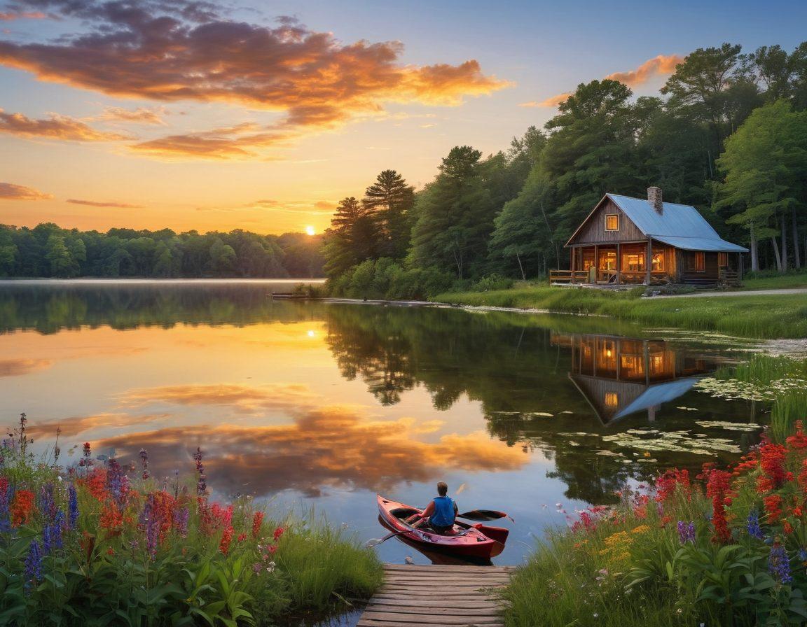 A picturesque scene depicting Becker County's breathtaking landscapes, featuring lush parks with vibrant wildflowers, crystal-clear lakes reflecting the sky, and adventurous activities like kayaking and hiking. Include local treasures like a rustic cabin and wildlife. The sun setting in the background adds warmth and color. super-realistic. vibrant colors.